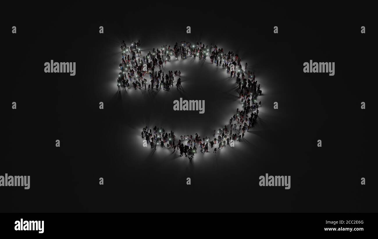 3d rendering of crowd of different people with flashlight in shape of symbol of undo arrow on dark background with shadows Stock Photo