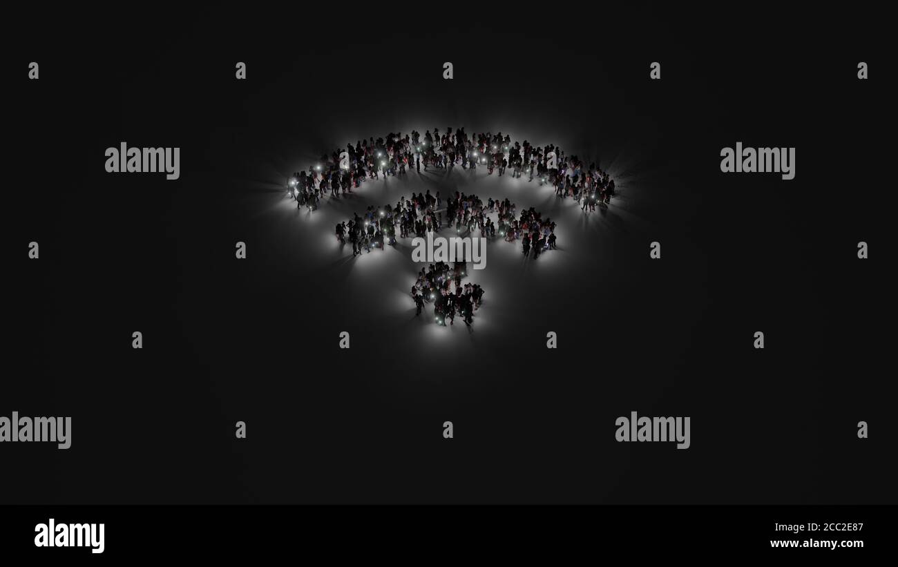 3d rendering of crowd of different people with flashlight in shape of symbol of Wi-Fi signal with signal waves on dark background with shadows Stock Photo