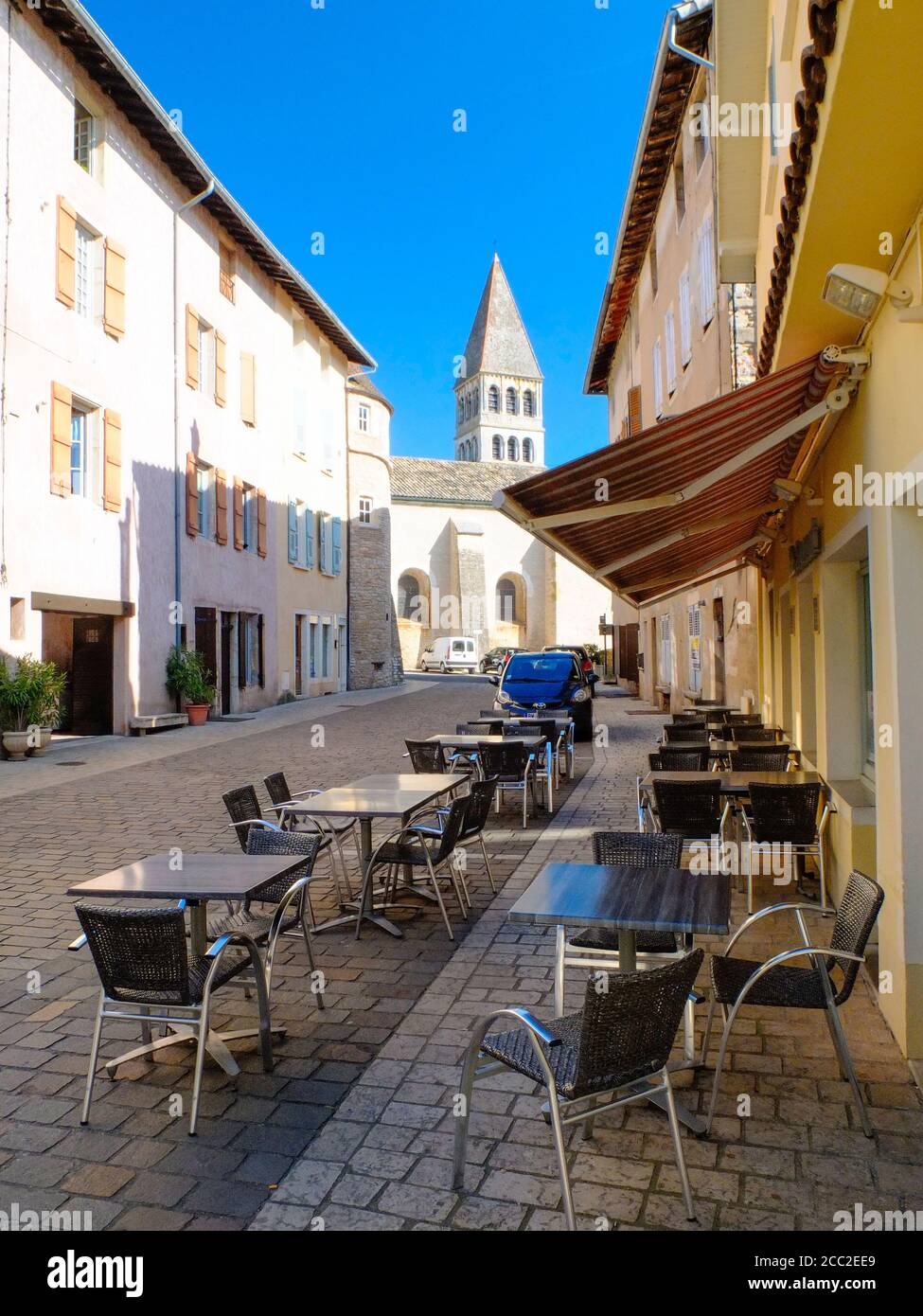 Empty French street and café - covid-19 effects. Stock Photo