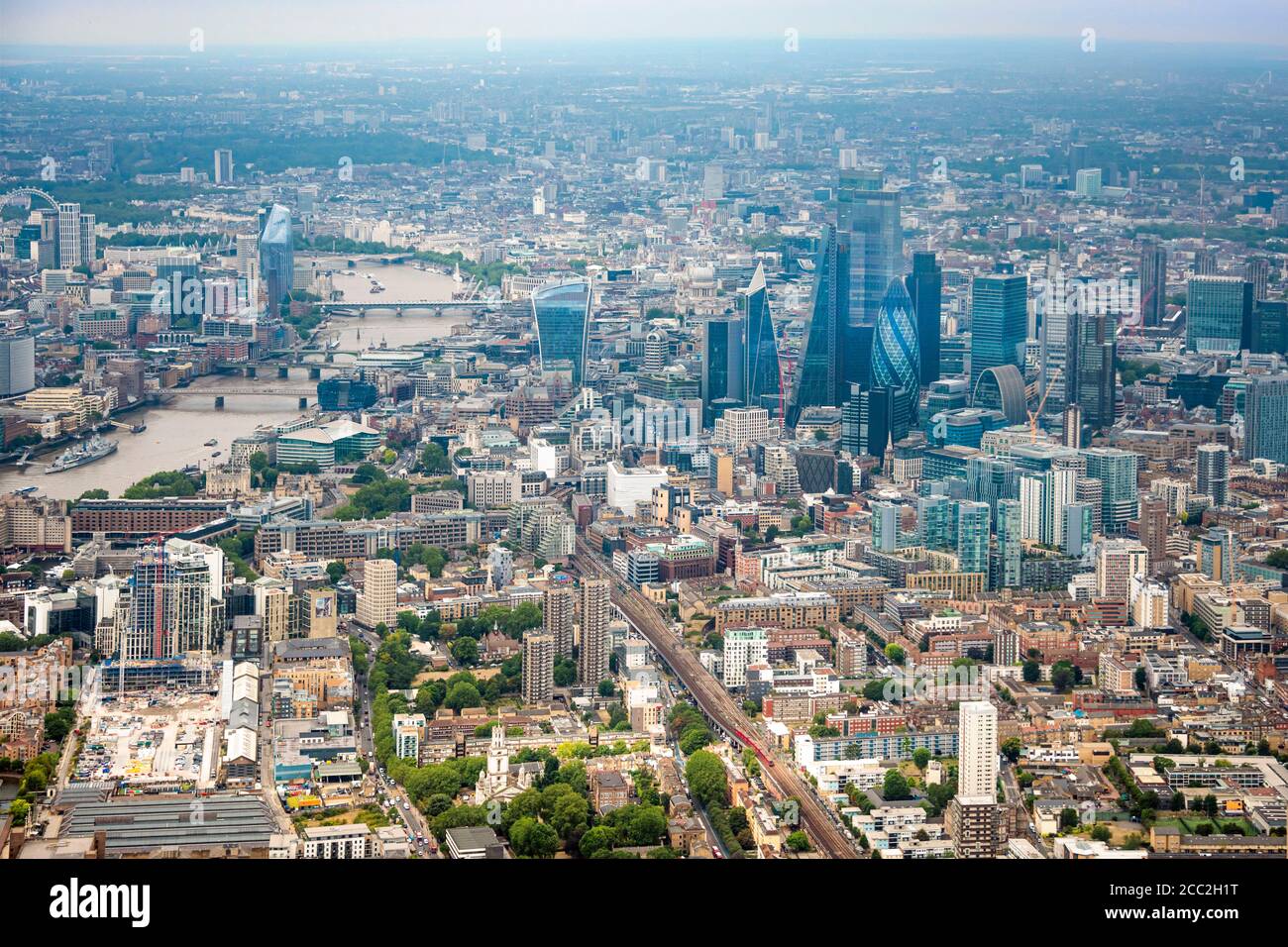 Horizontal aerial view looking west from the City of London towards the Embankment over London. Stock Photo