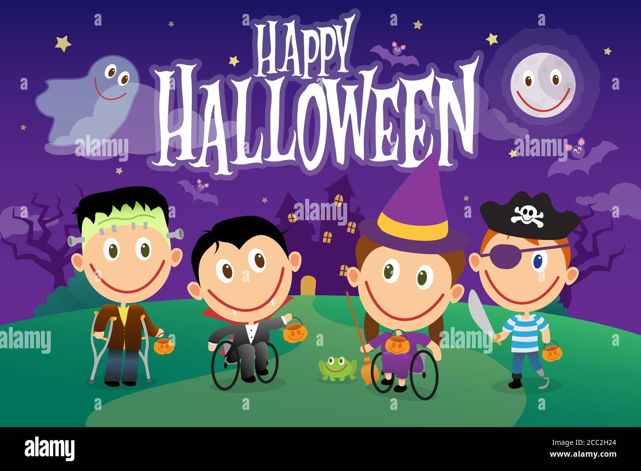 Group of handicapped children in halloween costumes. Various disabilities, wheelchair kids, amputee boy. Vector illustration character set. Stock Vector