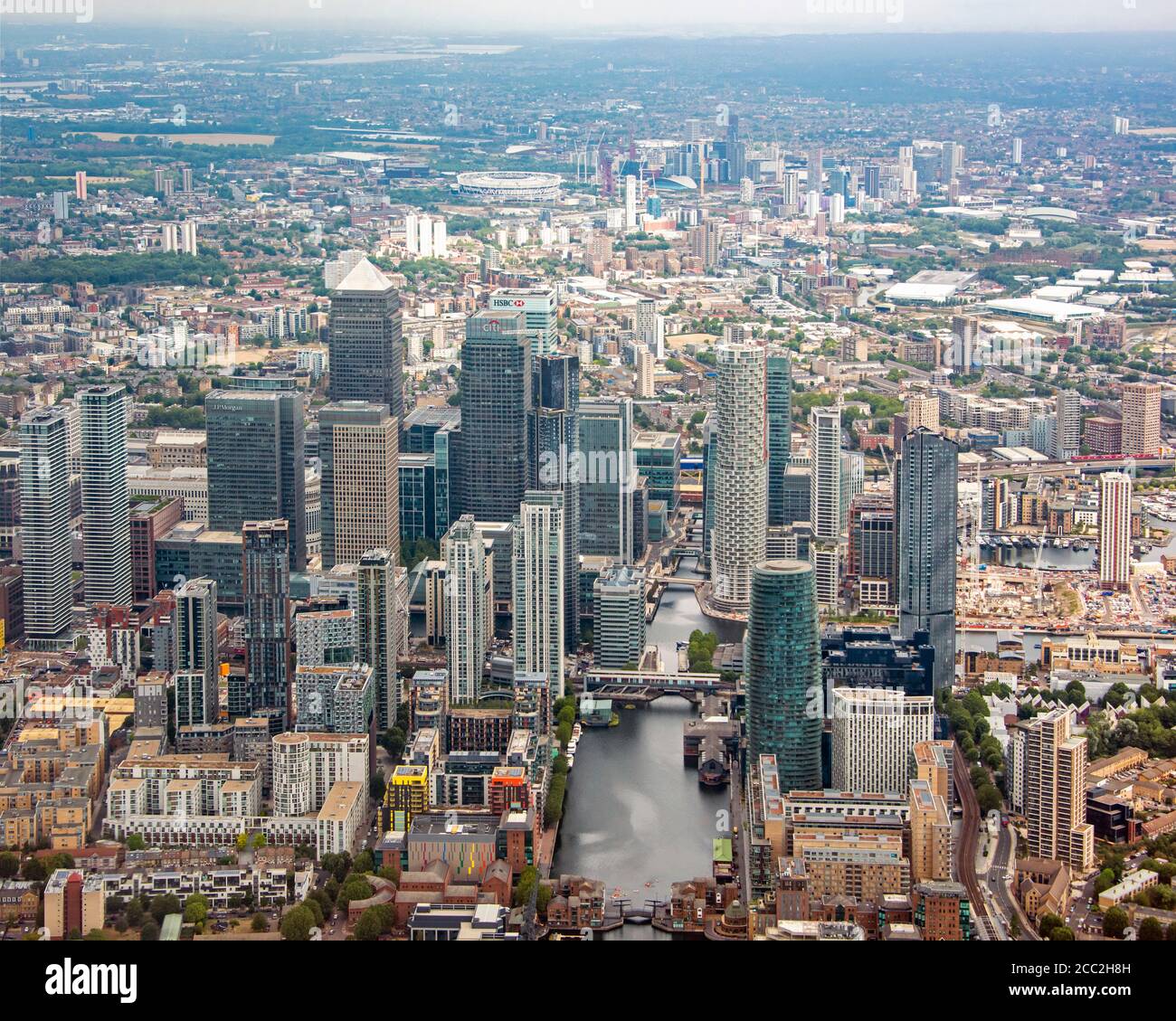 Horizontal aerial view of the skyscrapers in Canary Wharf and the ...