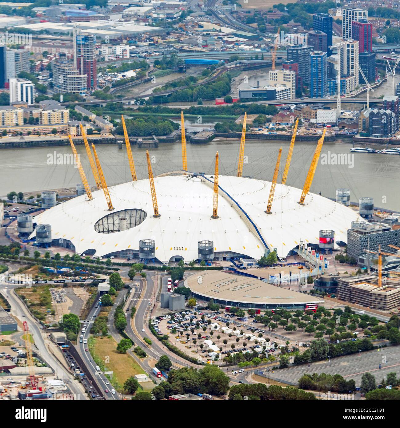 Square aerial view of the O2, formerly the Millennium Dome on the Greenwich peninsula in London. Stock Photo