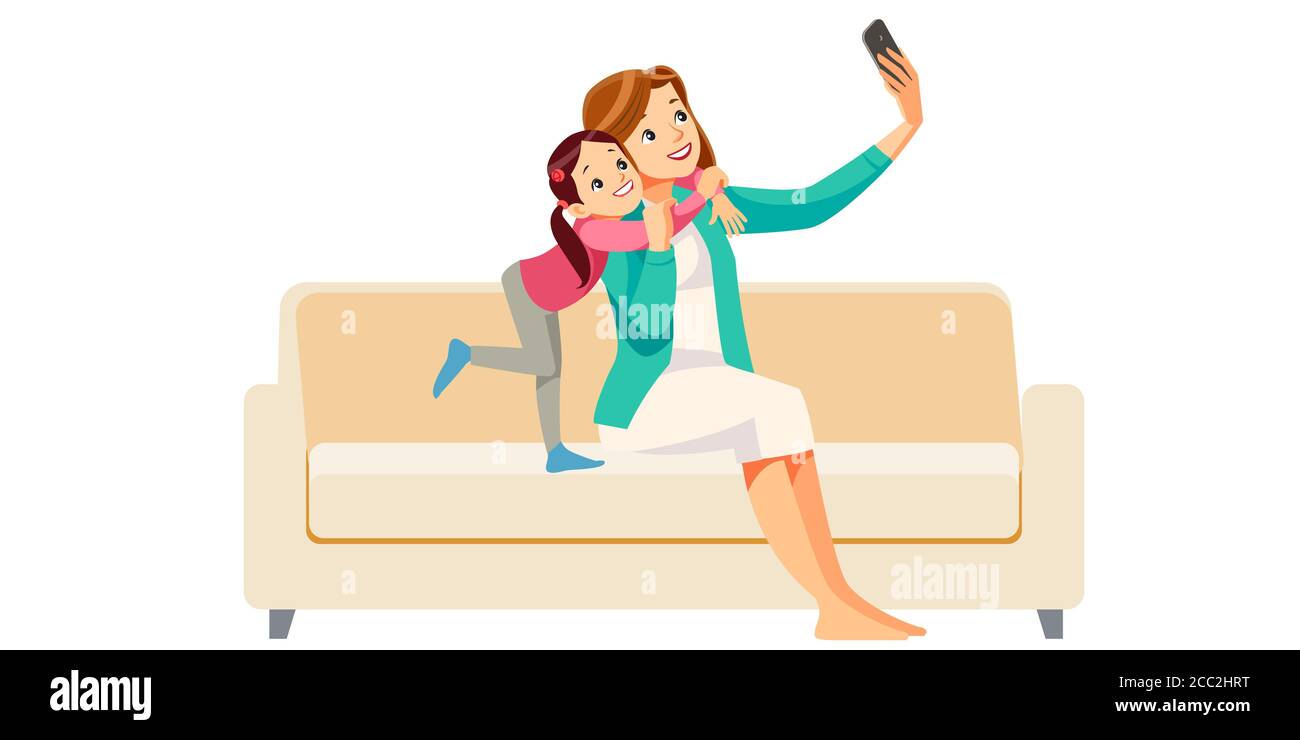 Mother and daughter making selfie together. Girl and her mom are doing