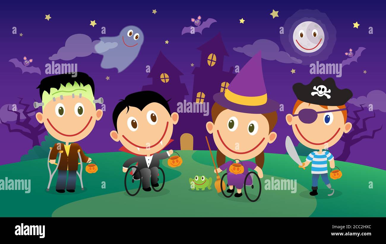Group of handicapped children in halloween costumes. Various