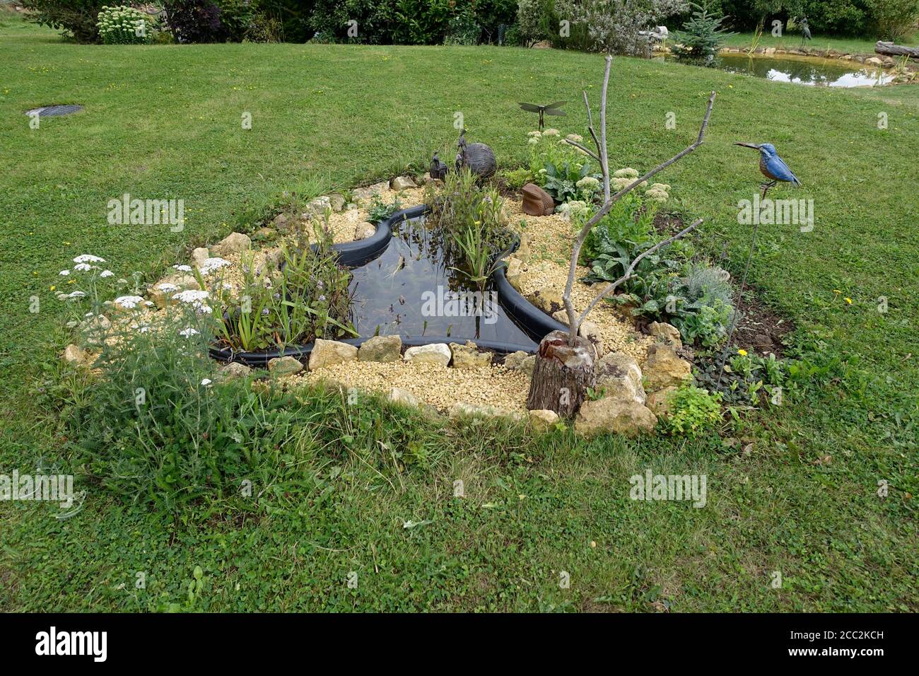 Mature small garden pond, made with rigid plastic liner, Colemans Hill Farm, Mickleton, UK Stock Photo