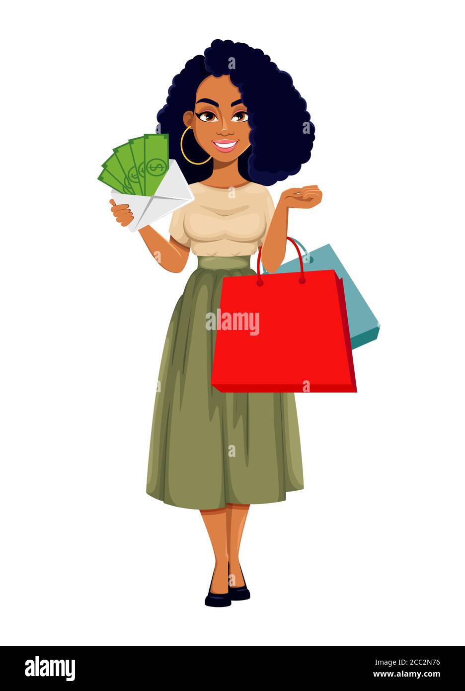 Beautiful African American business woman with money and shopping bags. Cute AfricanAmerican