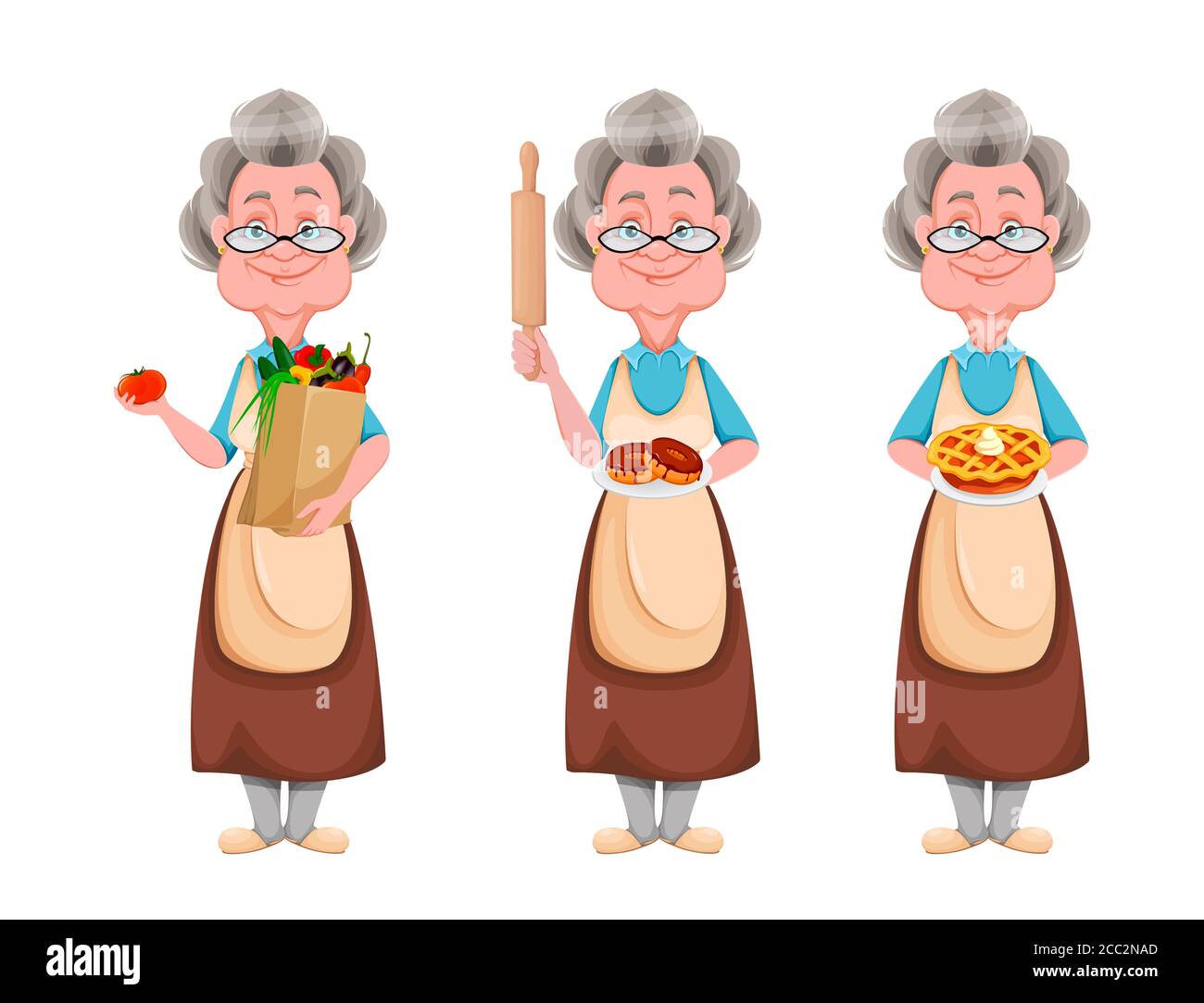 Happy Grandparents day, set of three poses. Cute smiling old woman. Cheerful grandmother cartoon character. Vector illustration Stock Vector