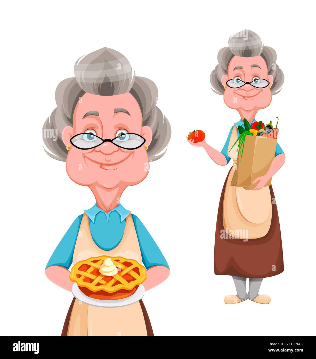 Happy Grandparents day, set of two poses. Cute smiling old woman. Cheerful grandmother cartoon character holding pie and holding a bag with vegetables Stock Vector