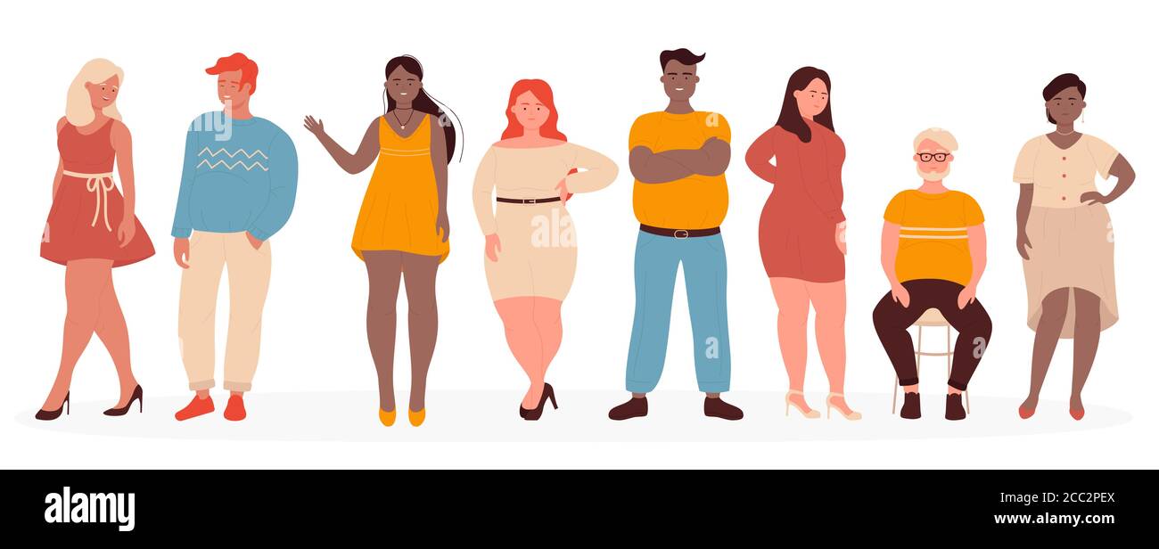 Overweight people vector illustration. Cartoon flat woman man model characters wearing casual clothes standing in row, plus size guy and girl smiling, cute body positive persons set isolated on white Stock Vector