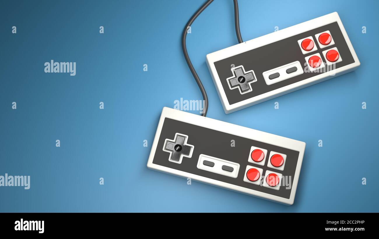 Retro computer gaming controller joystick on a blue background Stock ...