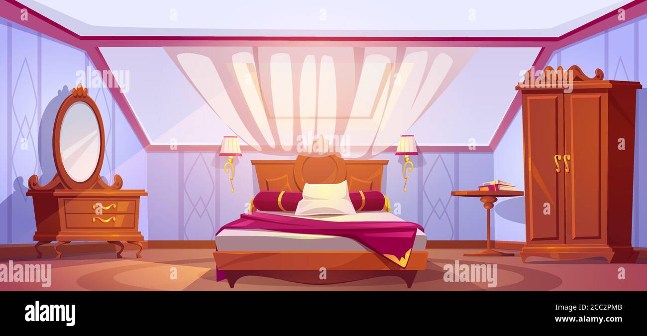 Attic bedroom or guest room interior with uncovered bed, wardrobe, dressing table, mirror and curtained window. Cozy loft hotel apartment, mansard floor with sloping roof cartoon vector illustration Stock Vector