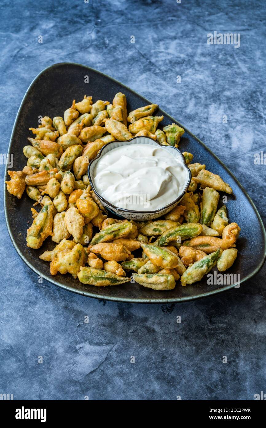 Fried Okra Tempura with Yogurt / Yoghurt Sauce. Healthy Snacks Stock