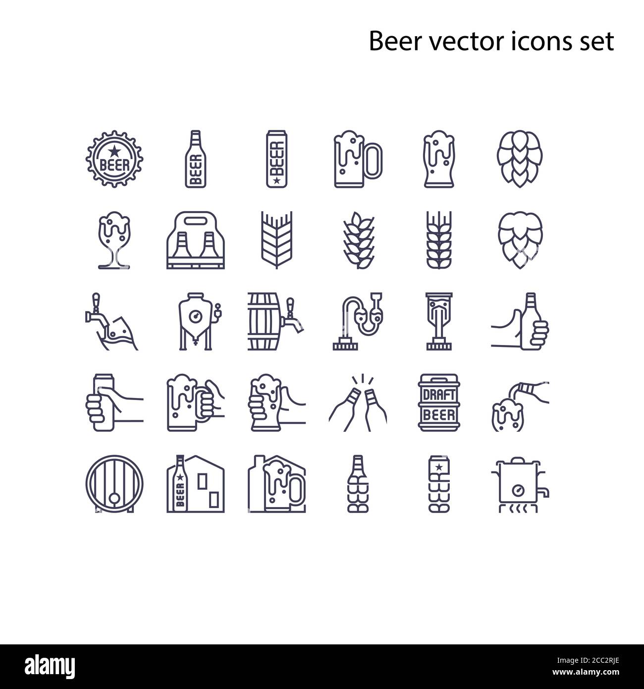 Basic element of Beer vector icons set.Contains a bottle, can, hop sign, barley and wheat, fermentation tank, boiler, draft beer keg, beer process, an Stock Vector