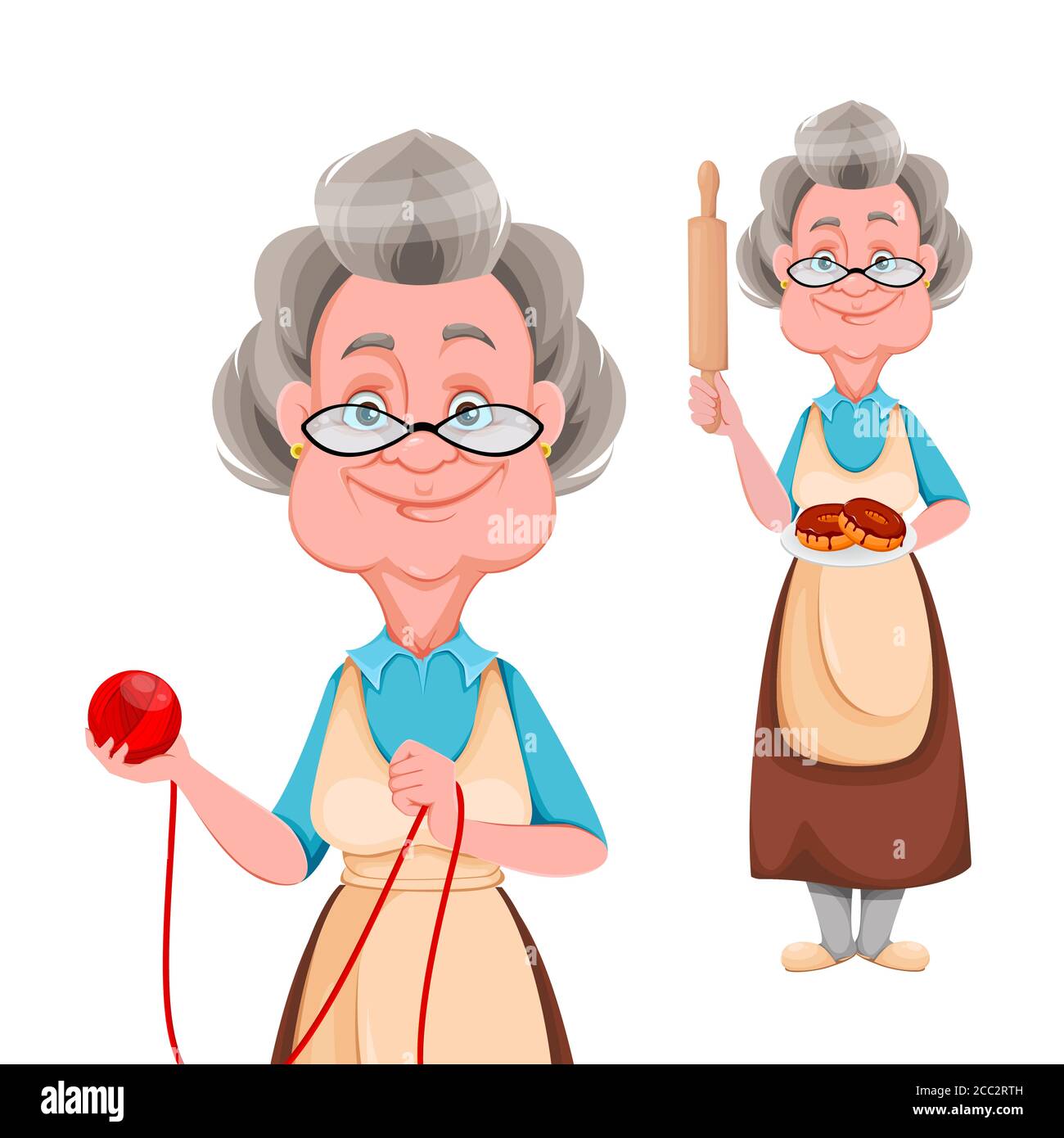 Happy Grandparents day, set of two poses. Cute smiling old woman. Cheerful grandmother cartoon character. Vector illustration Stock Vector