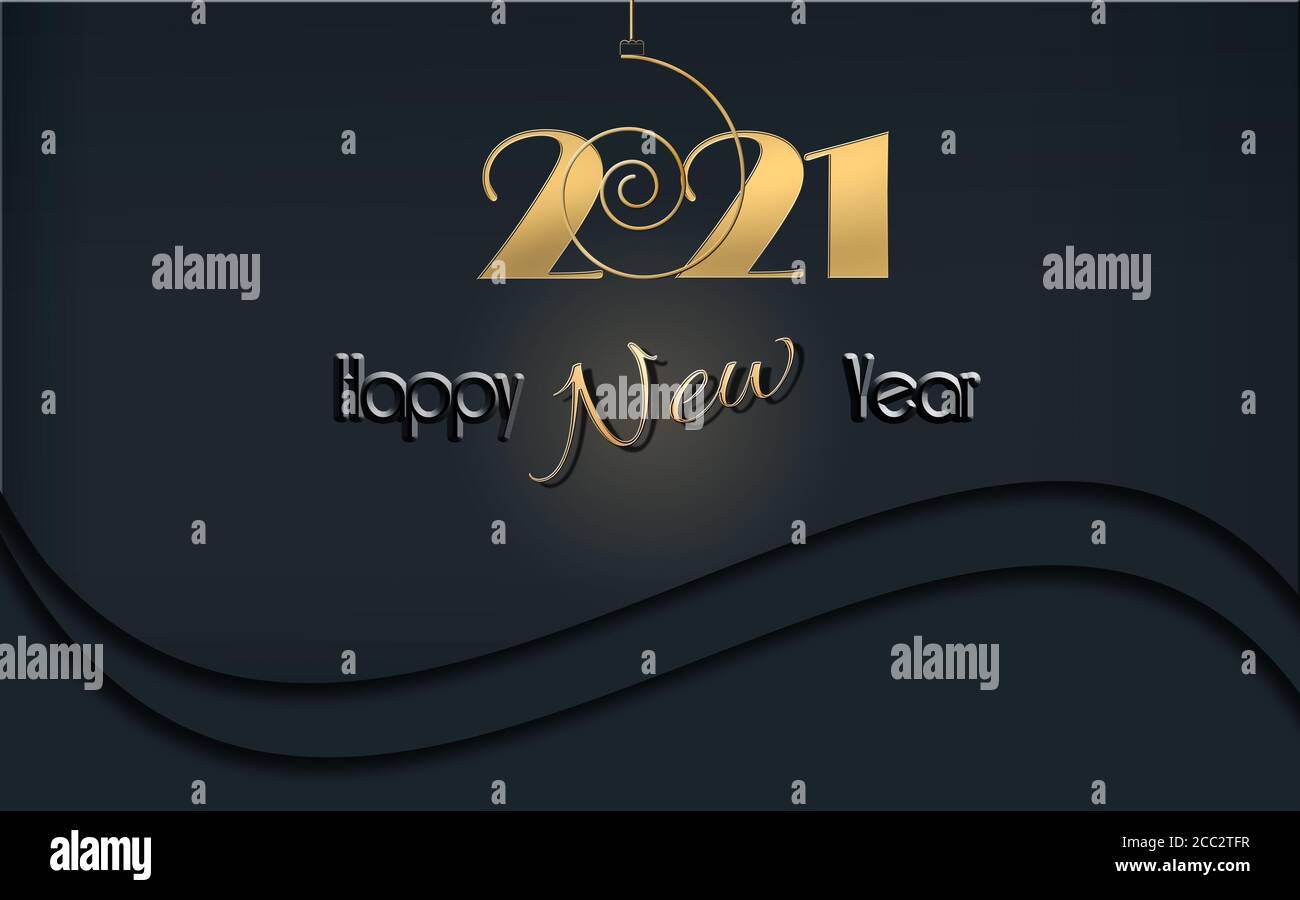Luxury Happy New 2021 Year design with hanging gold 2021 digit on black background. Winter holidays graphic, web design, business card, calendar cover. Copy space. 3D illustration Stock Photo