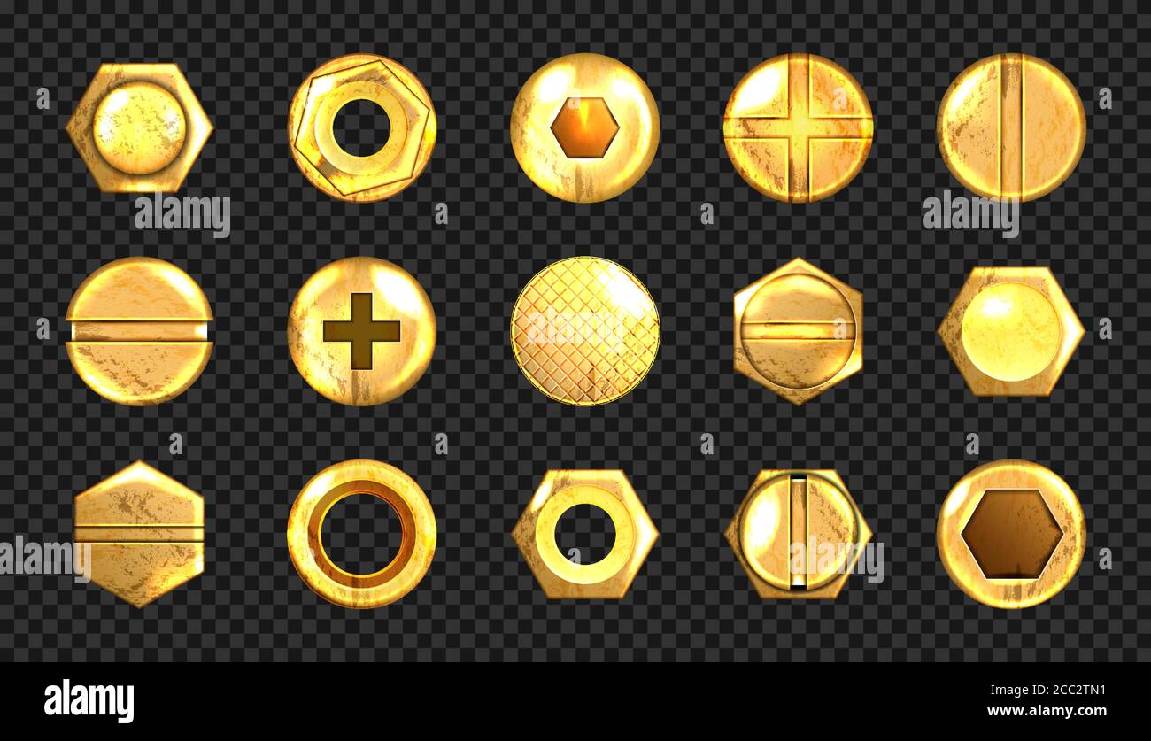 Old screw and nail heads set, golden metal bolts, grunge rusty rivets hardware yellow caps with grooves and holes top view isolated on transparent background. Realistic 3d vector illustration, icons Stock Vector