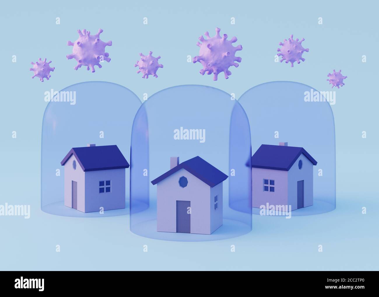 Houses under Transparent glass dome and virus cells. Stay home concept. Coronavirus protection. Quarantine, Isolation. 3d illustration Stock Photo