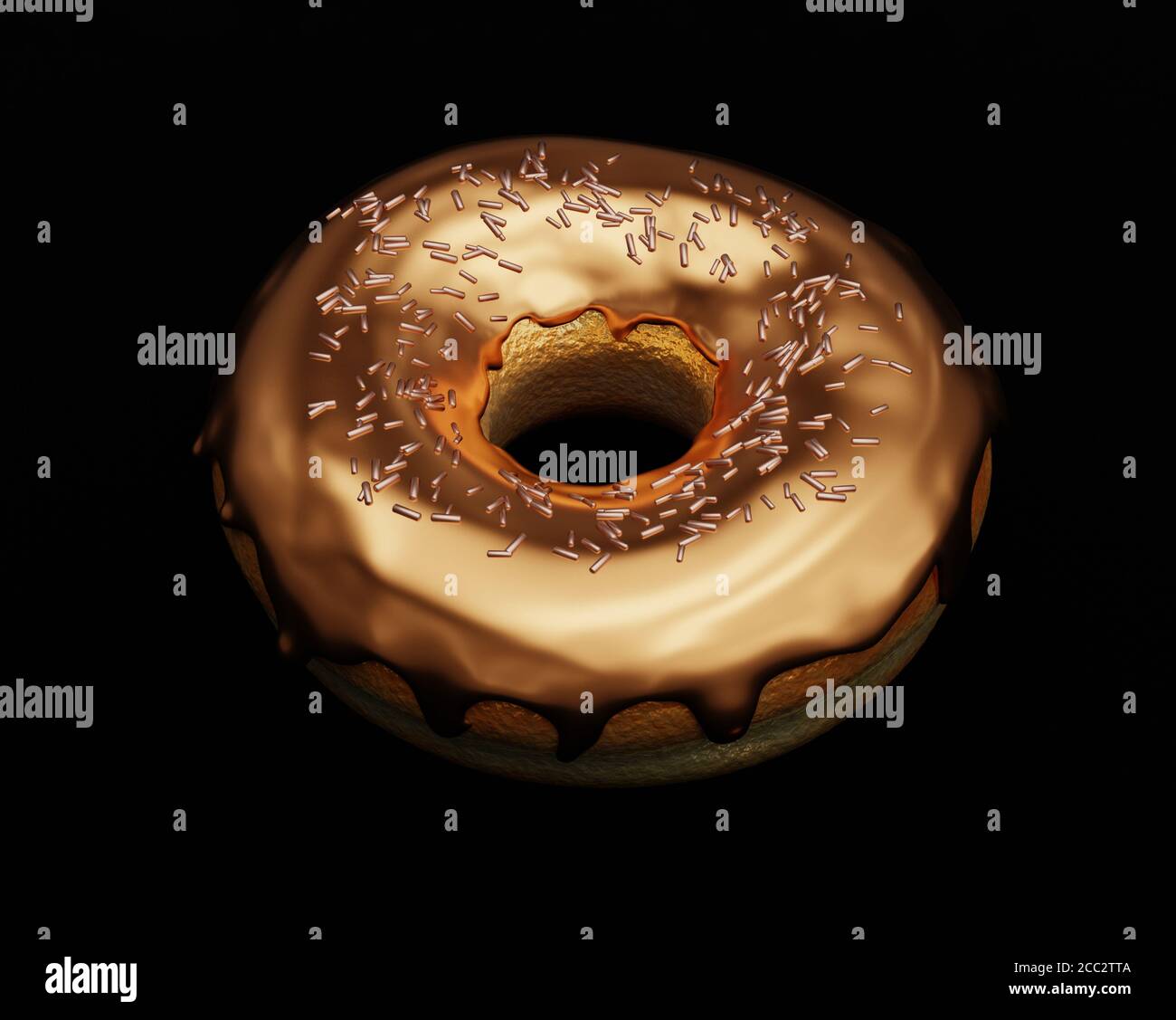 Golden donut with golden glaze, sweet unusual doughnut on black