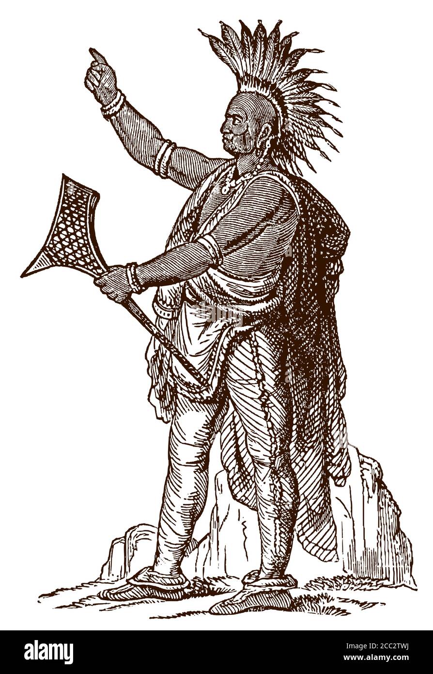 Pontiac, the famous Ottawa chief in full body view, holding a war club and wearing a feather headdress. Illustration after an antique engraving Stock Vector