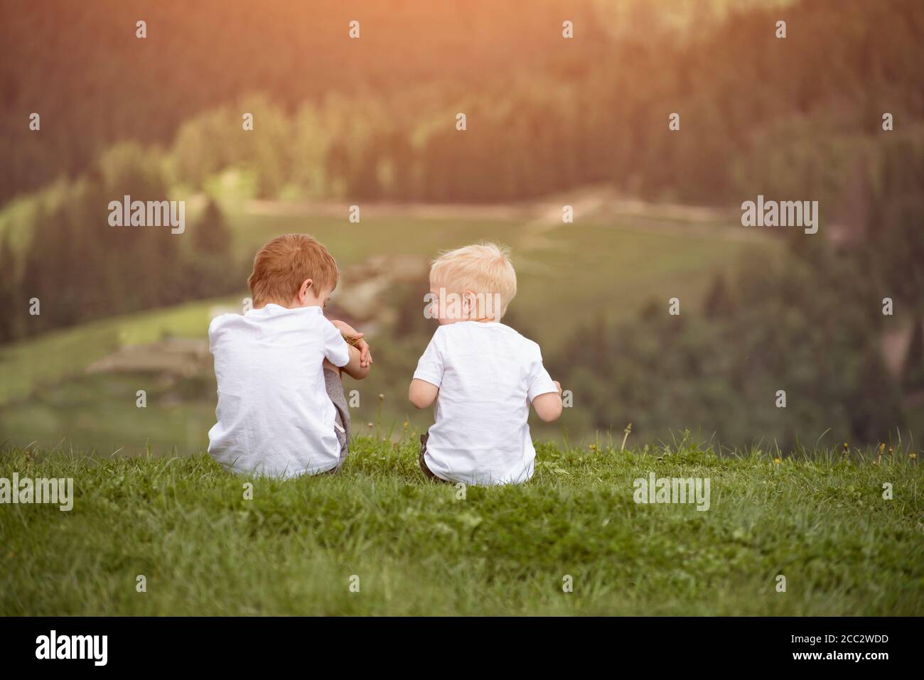 Two boys sit on a hill and have fun. Back view Stock Photo - Alamy