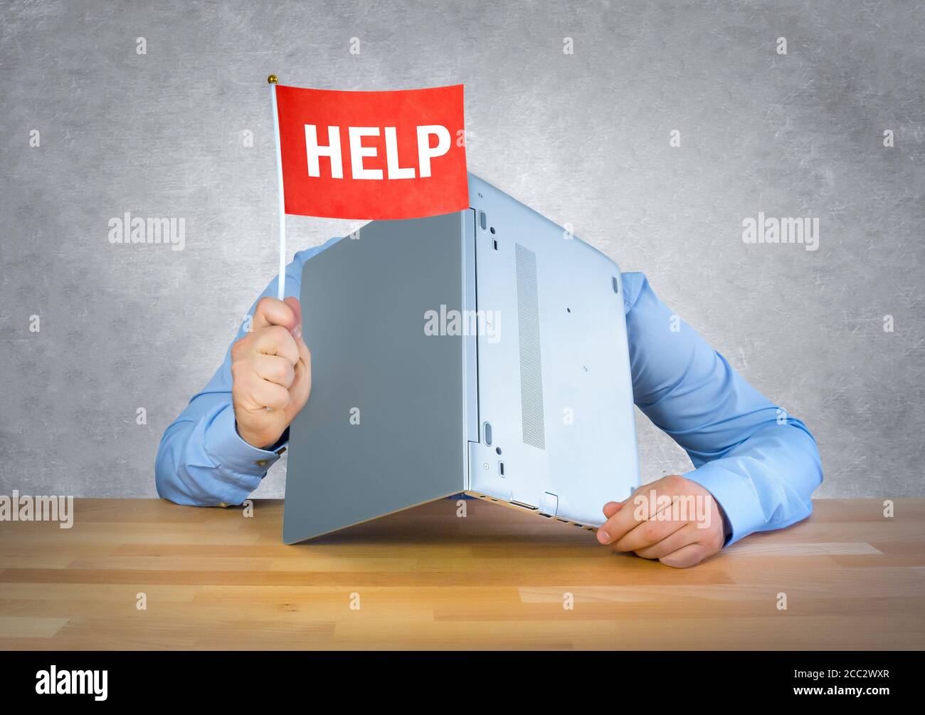 Busnissman with computer problems asking for help Stock Photo - Alamy