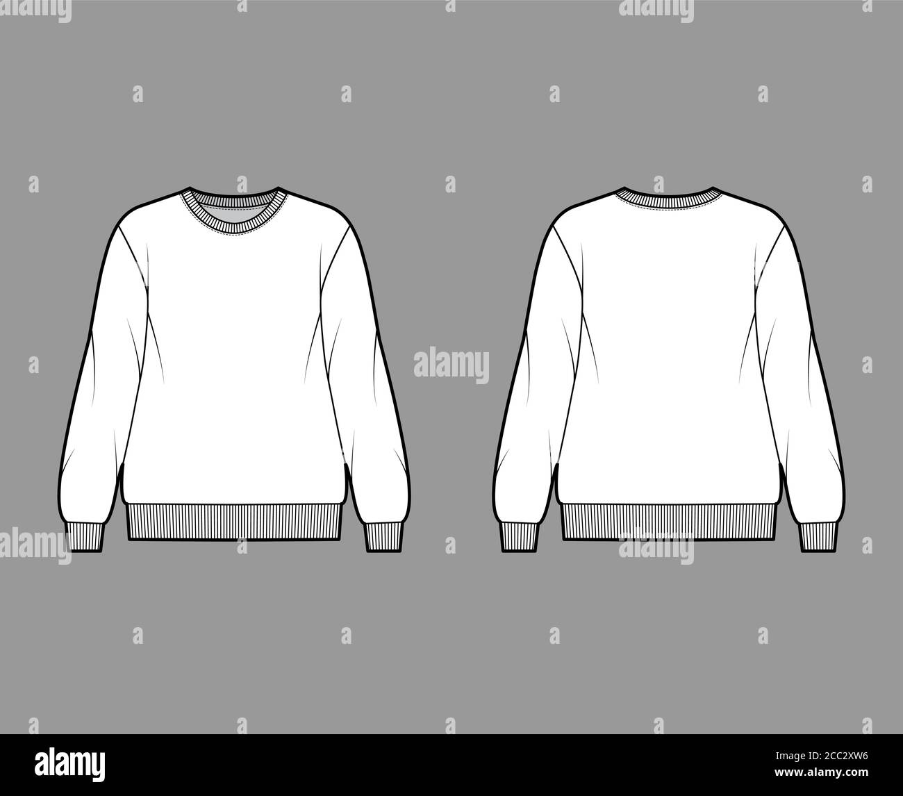 Cotton-terry oversized sweatshirt technical fashion illustration with relaxed fit, crew neckline, long sleeves. Flat outwear jumper apparel template front, back white color. Women, men, unisex top CAD Stock Vector