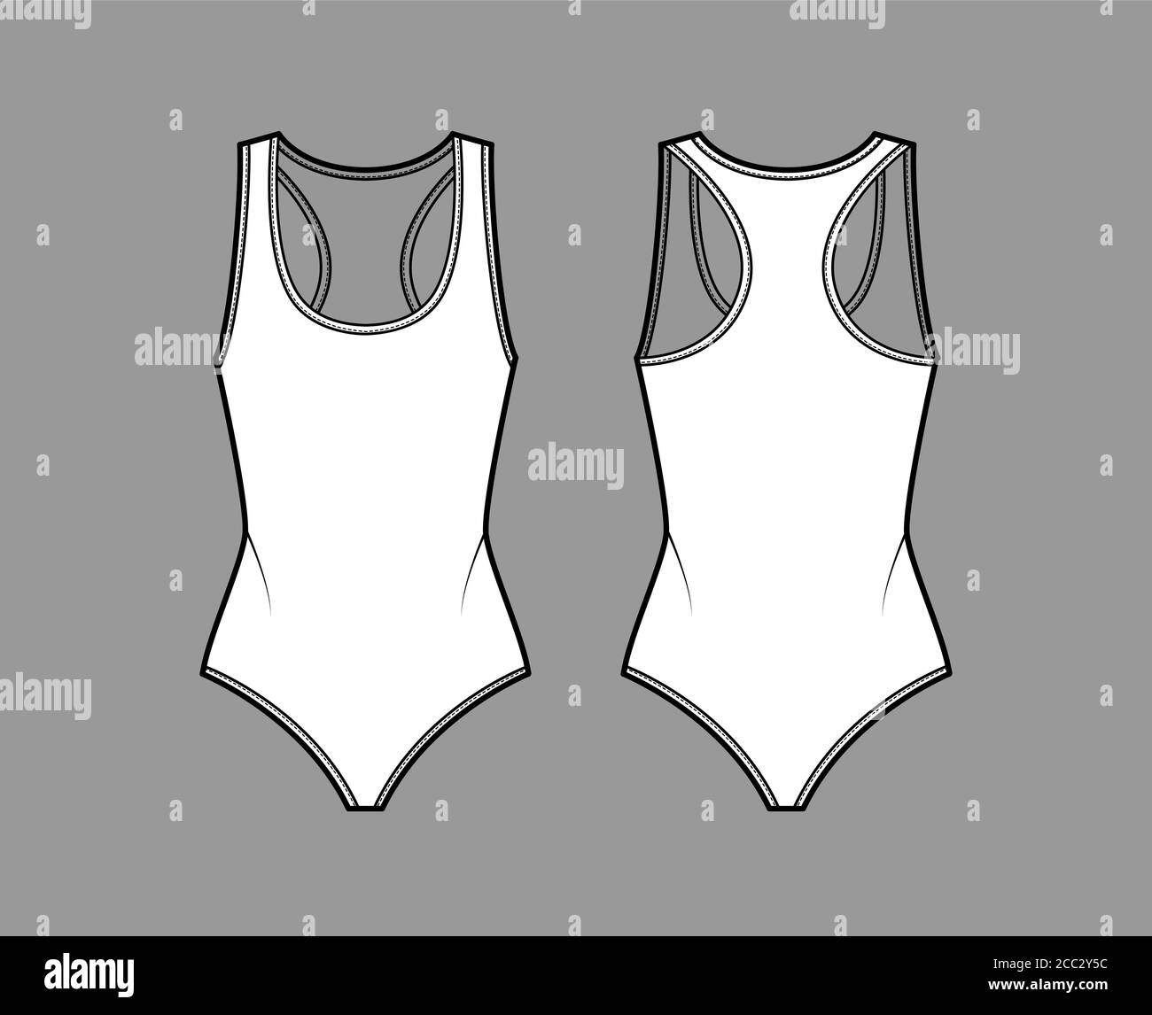 Download Cotton Jersey Bodysuit Technical Fashion Illustration With Racer Back Deep U Neckline Flat Outwear One Piece Apparel Template Front Back White Color Women Men Unisex Swimsuit Cad Mockup Stock Vector Image Art Alamy
