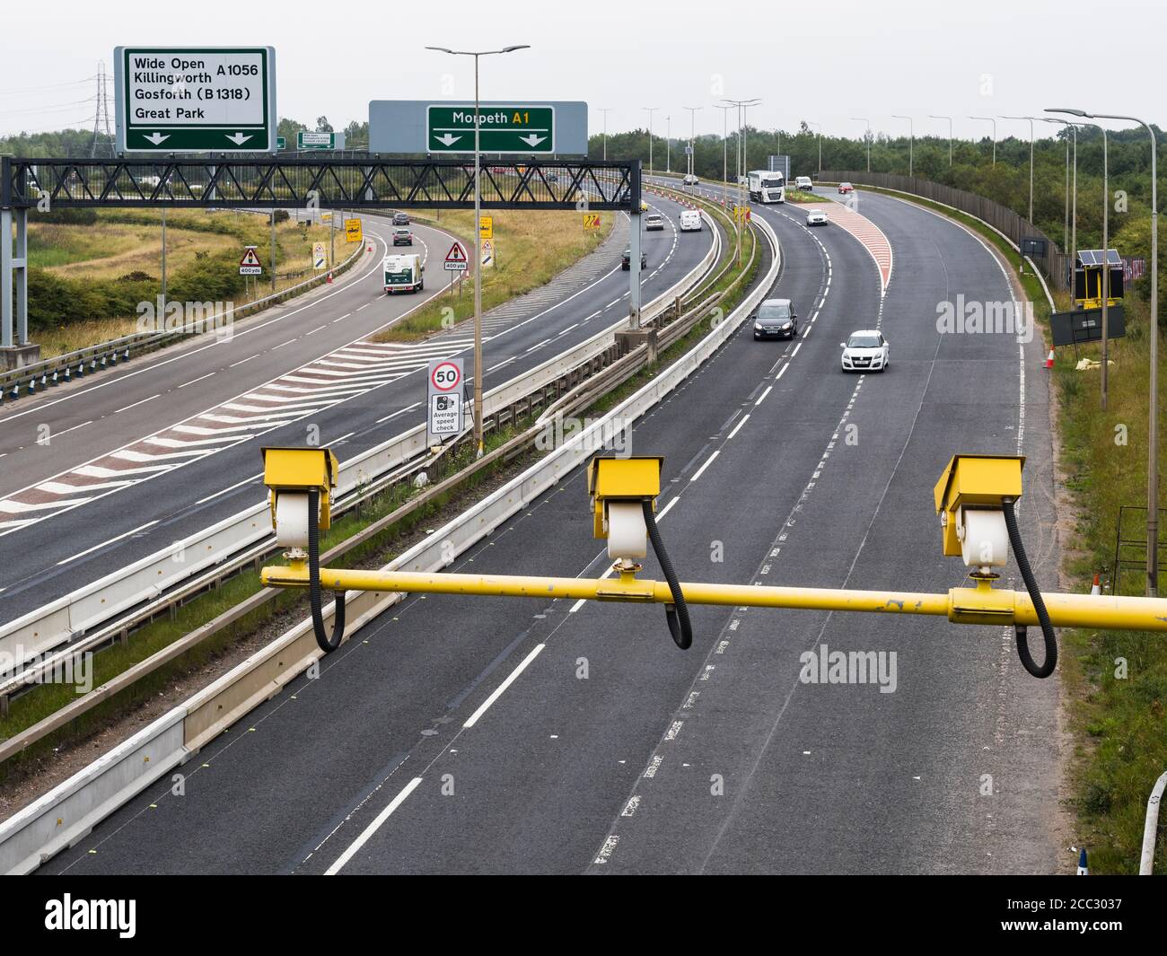 Average speed check on UK A1 road at Great Park, Gosforth, Newcastle upon Tyne Stock Photo