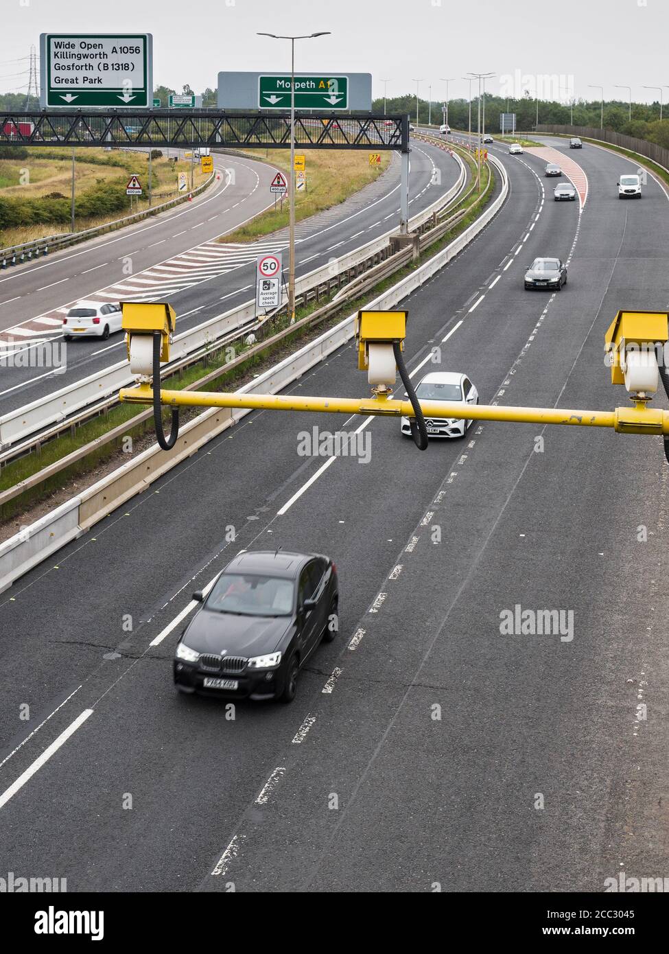 Average speed check on UK A1 road at Great Park, Gosforth, Newcastle upon Tyne Stock Photo