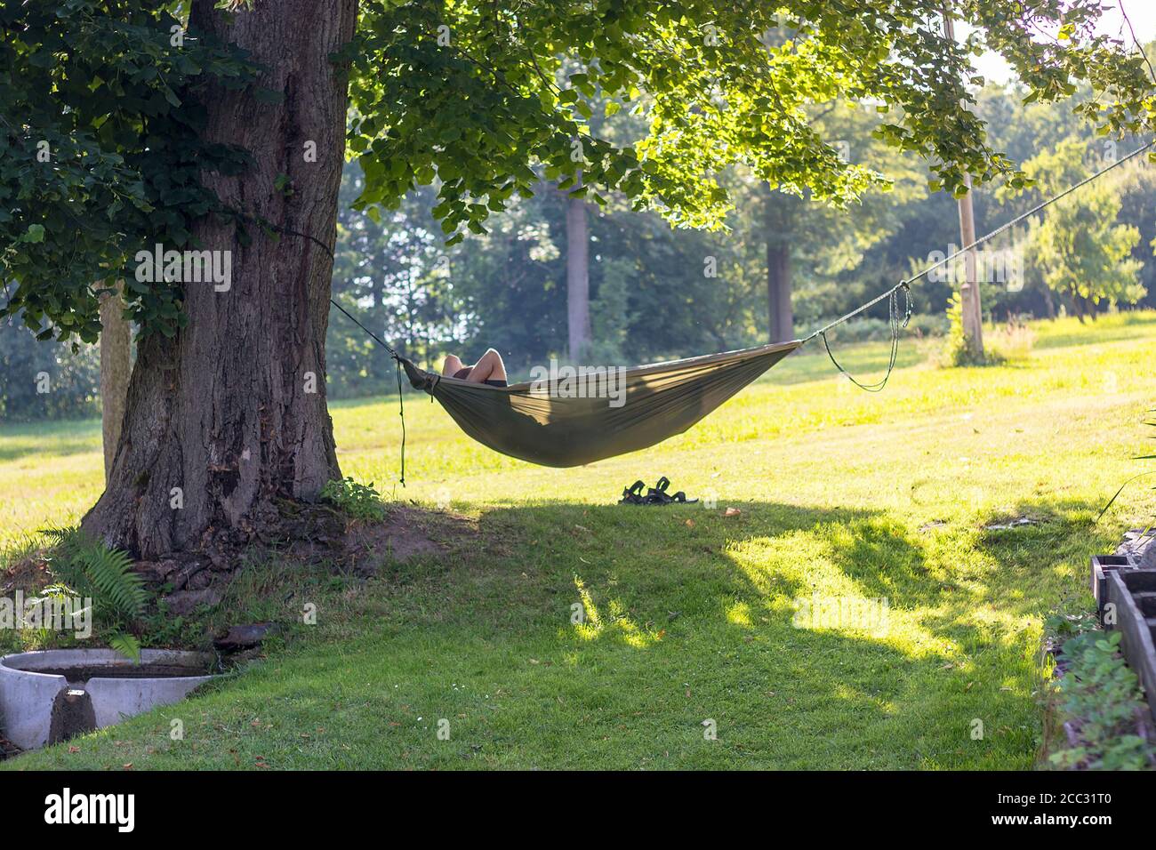 man lying and resting in a hammock in nature, summer sunny day Stock Photo