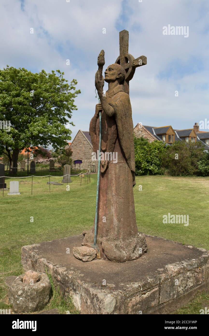 Statue of St. Aidan in grounds of St. Mary's Church, Holy Island