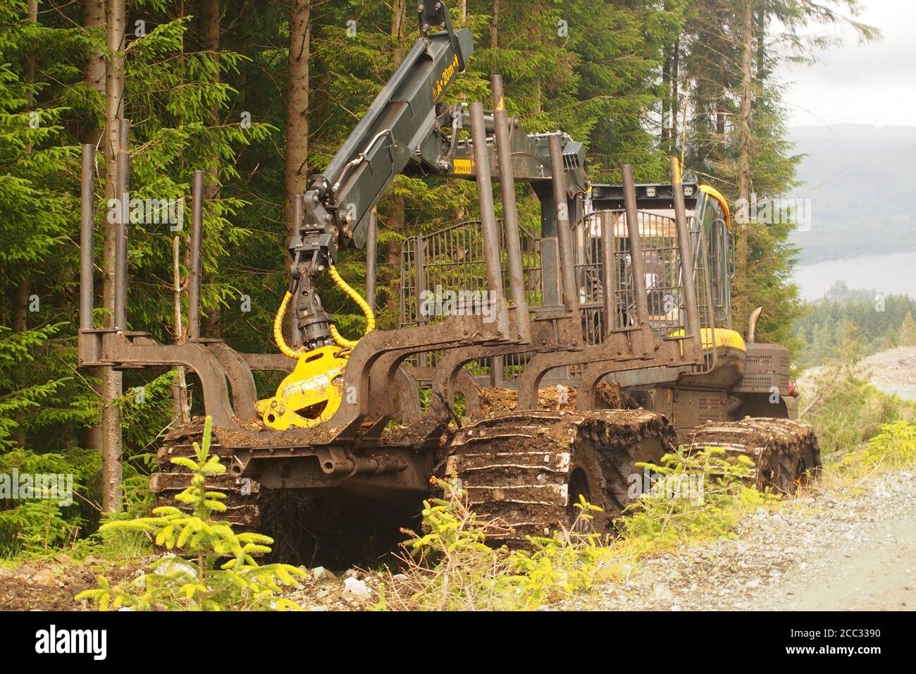 A Ponsse Forwarder, heavy duty log cutting and loading machine, at the side of a forestry track waiting to be used in Eredine Forest, Argyll, Scotland Stock Photo