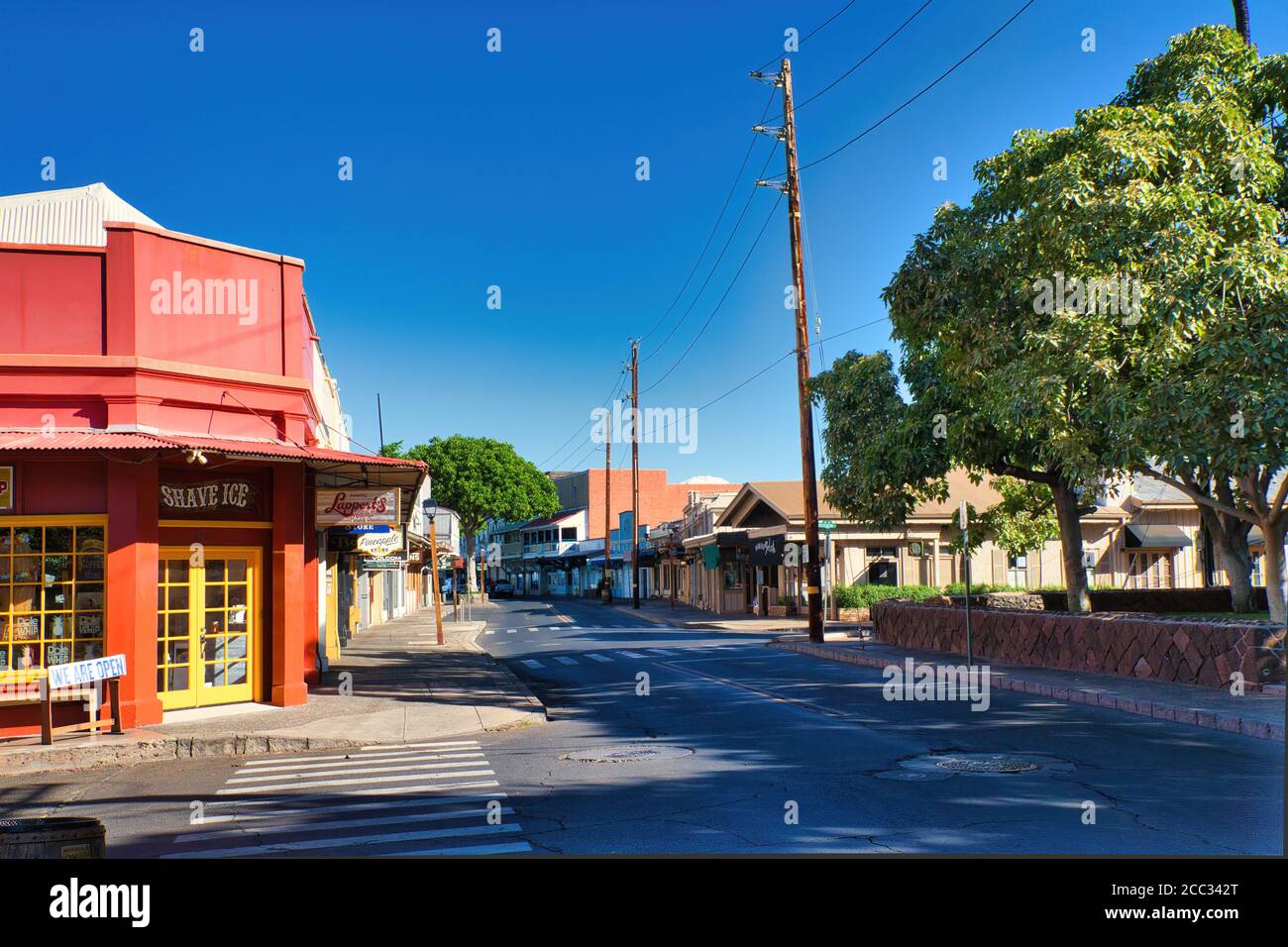 Deserted Front Stree in Lahaina during Covid 19 pandemic. Stock Photo