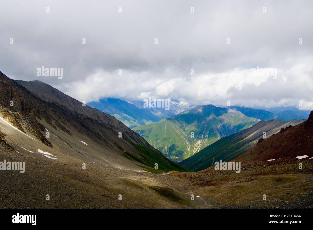 Amazing and beautiful mountain range landscape, peak and hill in Georgia. Stock Photo