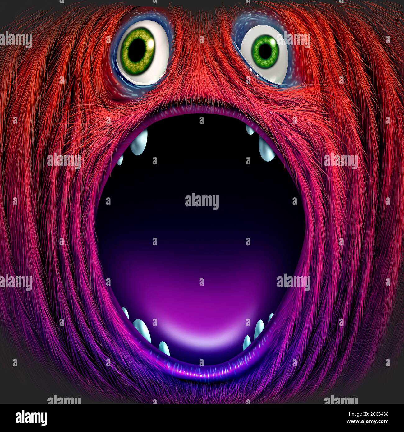 Red monster or silly sasquatch avatar with a big open mouth as a furry wild creature as a halloween symbol with 3D illustration elements. Stock Photo