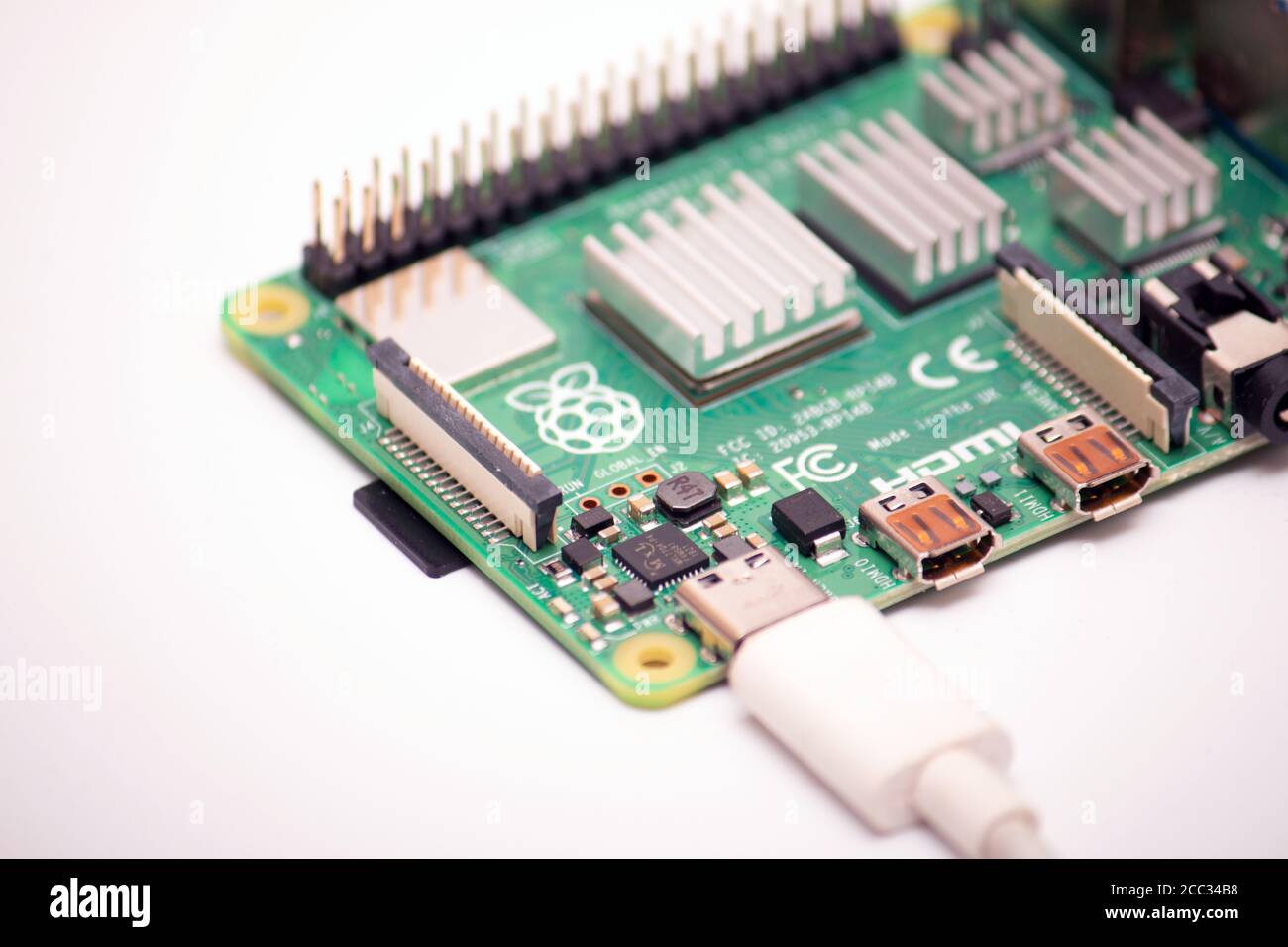 Kiev, Ukraine - August 13th, 2020: Connected to power supply by USB 3.0  type C cord SBC budget micro computer Raspberry Pi 4B. Isolated photo of  RPI4B Stock Photo - Alamy