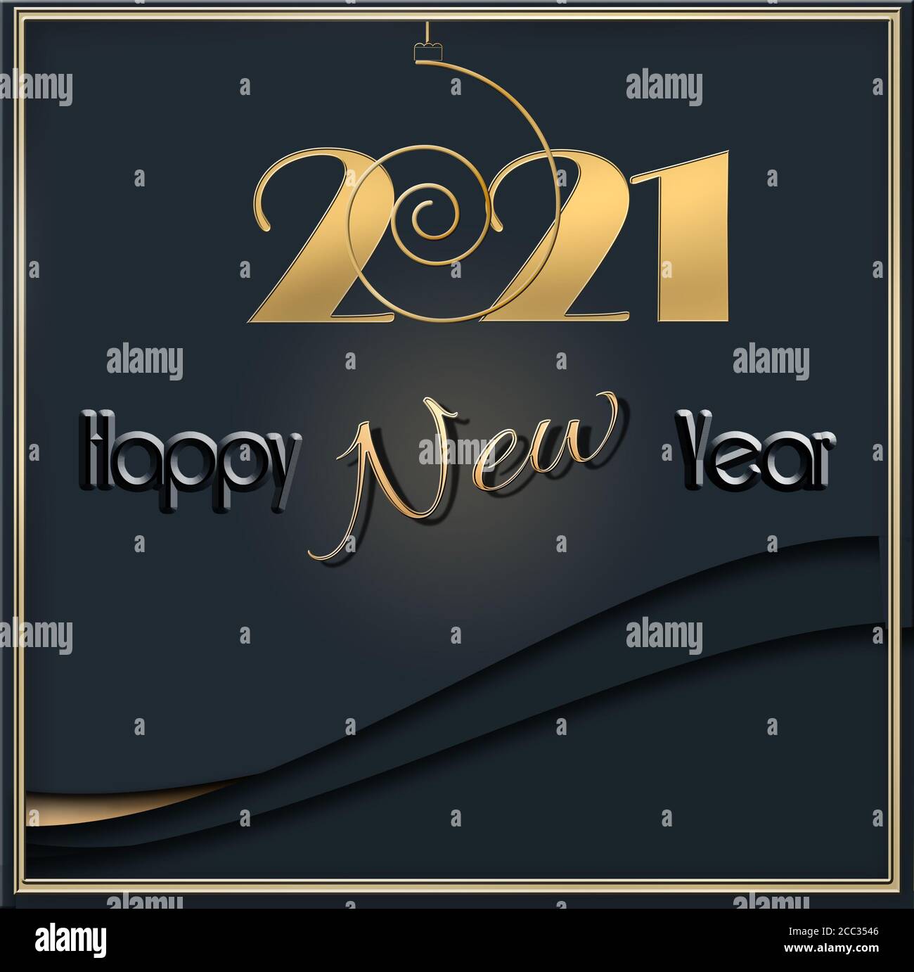 Luxury Happy New 2021 Year design with hanging gold 2021 digit on black background and text Happy New Year. Winter holidays graphic, web design, business card, calendar. Copy space. 3D illustration Stock Photo