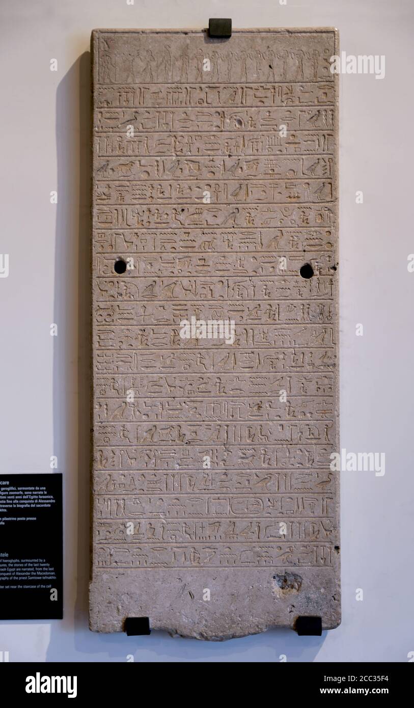 Naples stela. Egyptian limestone stele, Ptolemaic age (305-30 BC) Stela of Samtowe- tefnakhte. Naples Archaeological Museum. Stock Photo