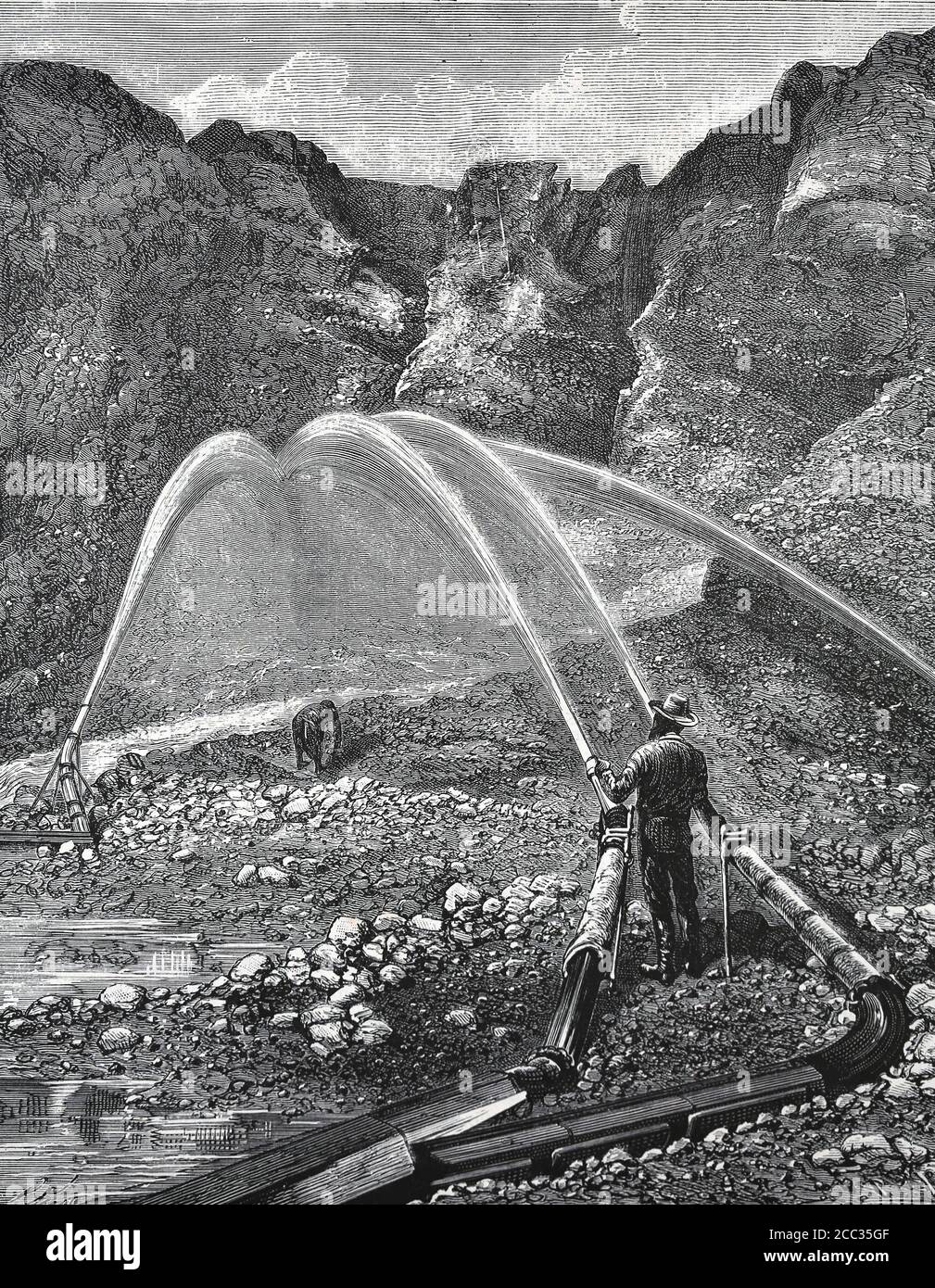 California Gold Rush,  (1848-1855) . Hydraulic mining system. Engraving  illustration from a photography, c.1860. Stock Photo