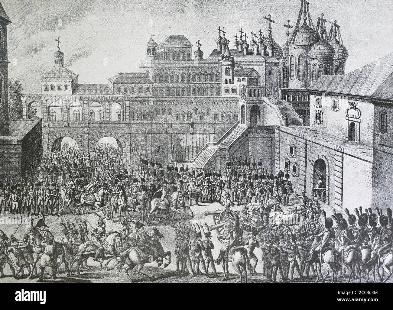 Entry of French soldiers to Moscow in 1812. The engraving of the 19th century. Stock Photo