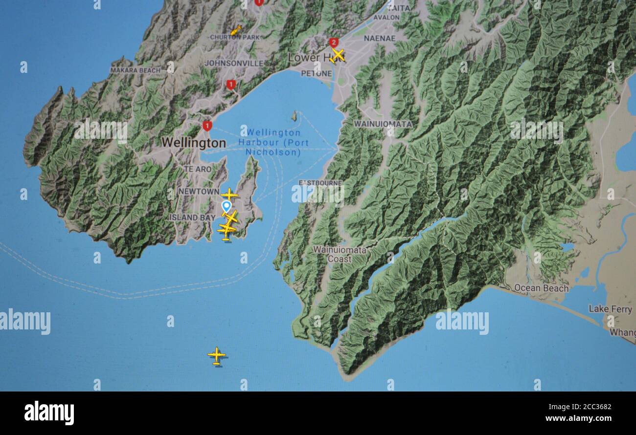 air traffic  over Wellington aera (18 august 2020, UTC 20.16),  on Internet with Flightradar 24 site, during the Coronavirus Pandemic period Stock Photo