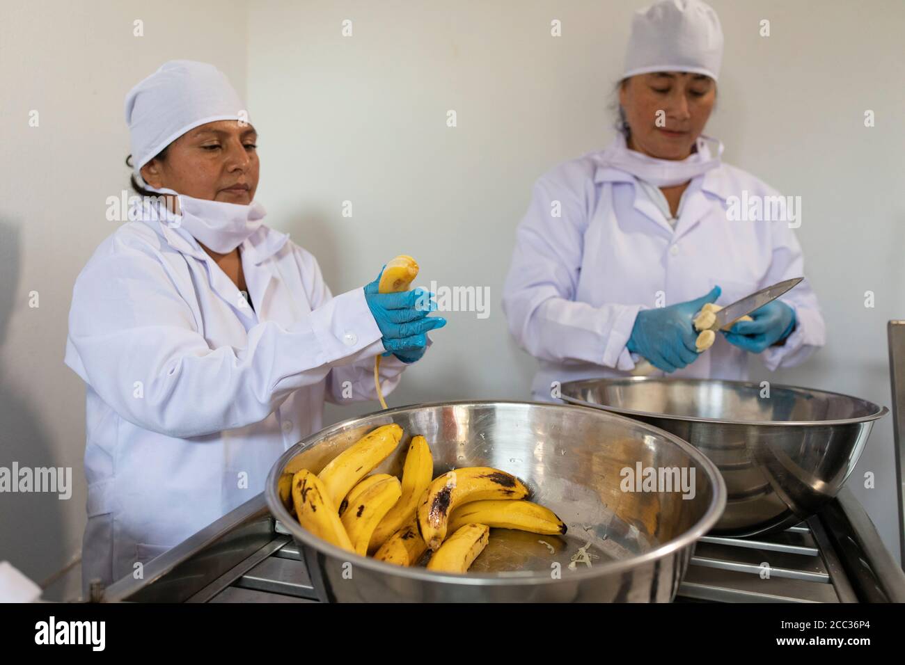 Women from a local banana growers' cooperative make banana jam at a