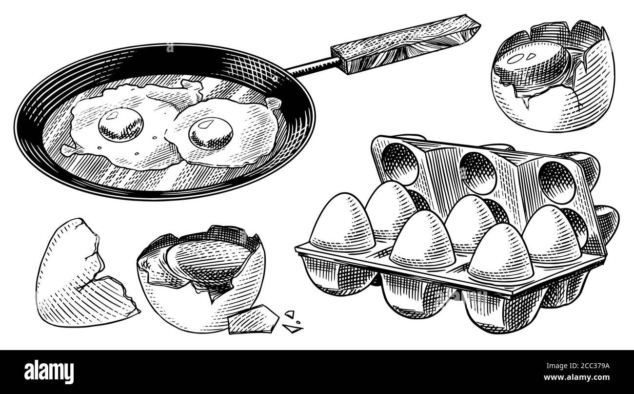 https://c8.alamy.com/comp/2CC379A/frying-pan-with-fried-eggs-and-scrambled-omelette-shell-and-packaging-farm-product-engraved-hand-drawn-vintage-sketch-woodcut-style-vector-2CC379A.jpg