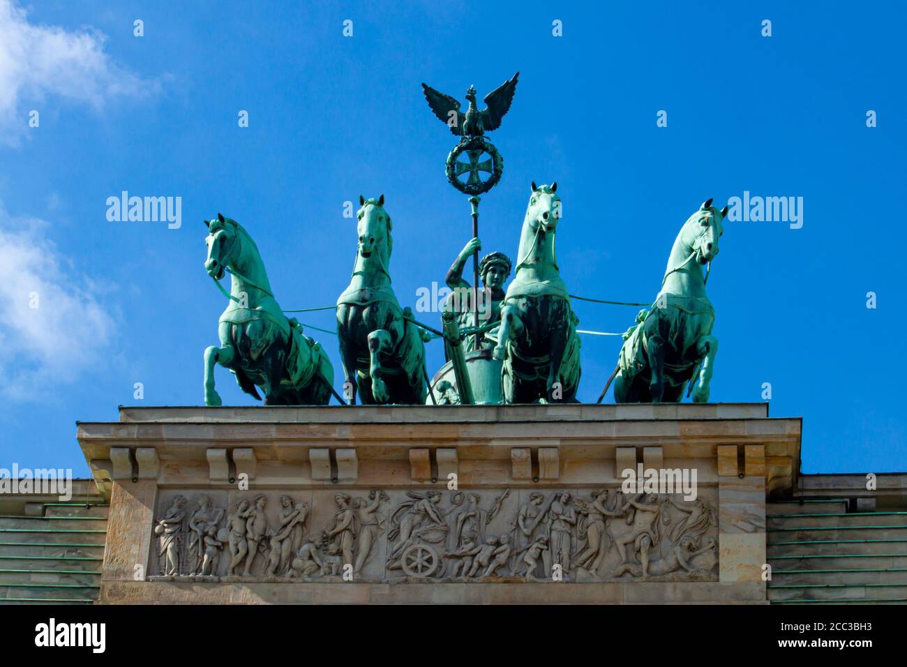 A Close Up View Of The Quadriga That Stands On Top Of The Iconic Brandenburg Gate In Berlin The Statue Features A Goddess Victoria Driving A Four H Stock Photo Alamy