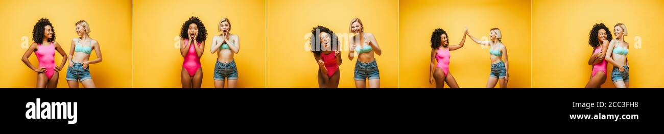 collage of young multicultural women in summer outfit posing and gesturing on yellow, horizontal image Stock Photo