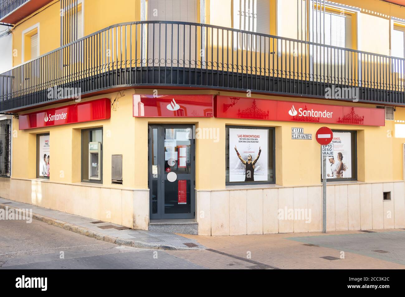 Huelva, Spain - August 16, 2020: A branch of Banco Santander in the village of Beas. It is largest bank in the eurozone and one of the largest in the Stock Photo
