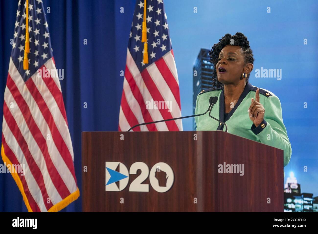 Milwaukee, United States. 17th Aug, 2020. Rep. Gwen Moore, D-Wisc., speaks at the Democratic National Convention Monday, August 17, 2020, in Milwaukee. The convention, mostly online, kicked off with an emphasis on the coronavirus pandemic, the ongoing economic downturn caused by the virus and the national reckoning over racial injustice. Pool photo by Morry Gash/UPI Credit: UPI/Alamy Live News Stock Photo