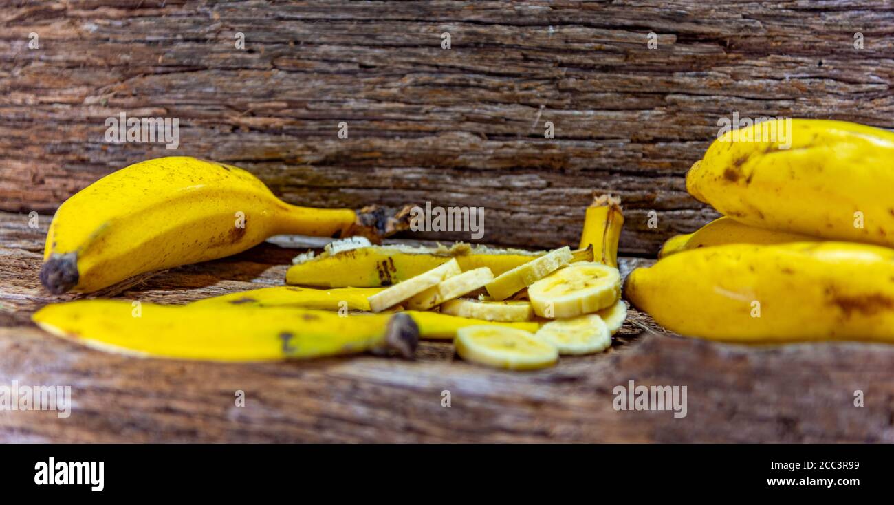 Sliced bananas. Fruit rich in vitamins A, B and C. The presence of ...