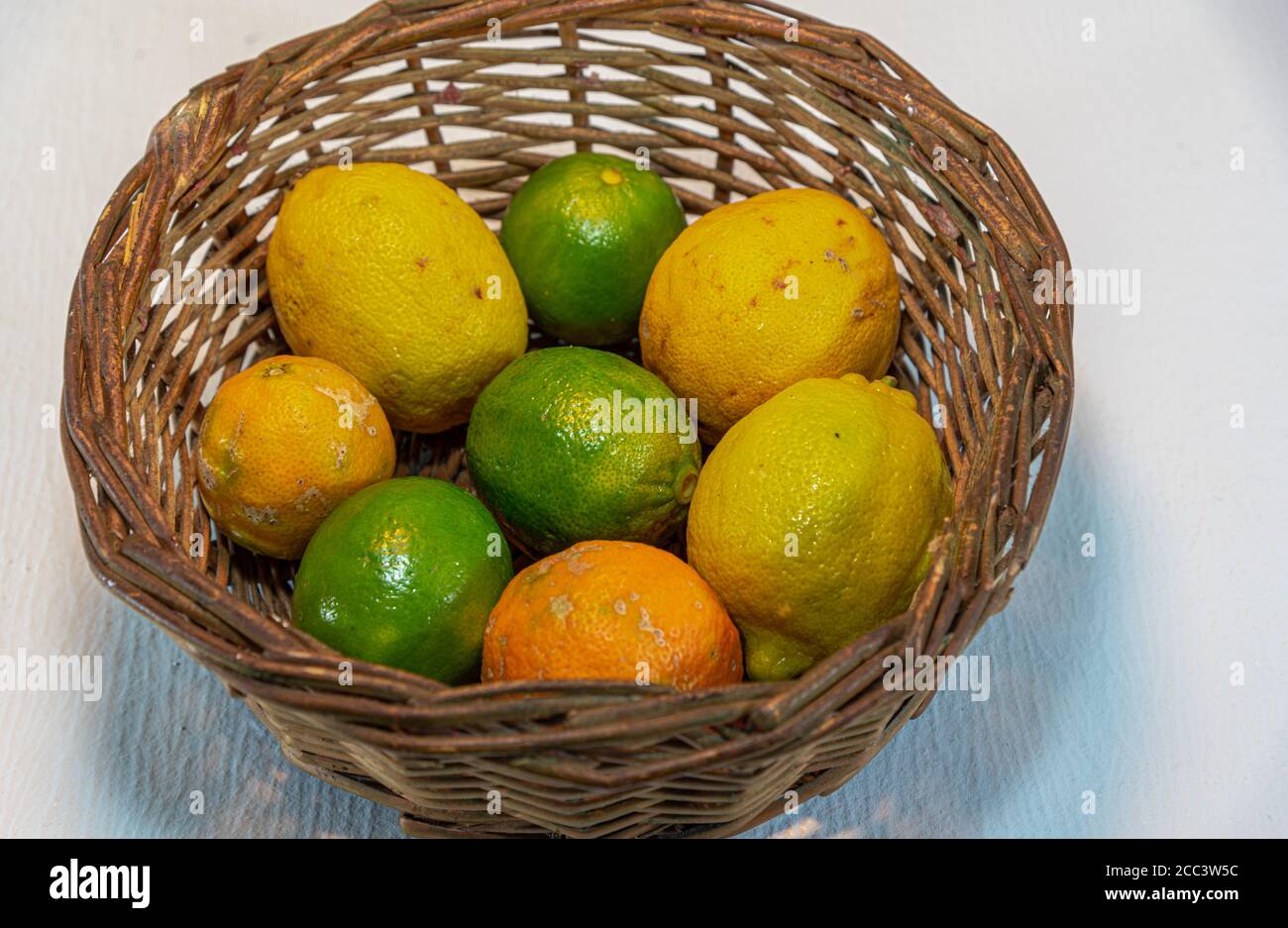 Wicker basket with lemon: Citrus limon. Citrus latifolia. Citrus × limonia. Sour fruit for juices. Source of vitamin C. Lemonade. Fresh fruits. Tropic Stock Photo